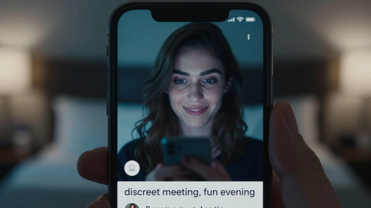 A man’s eye reflecting a vague escort ad on a smartphone screen in a dim hotel room.