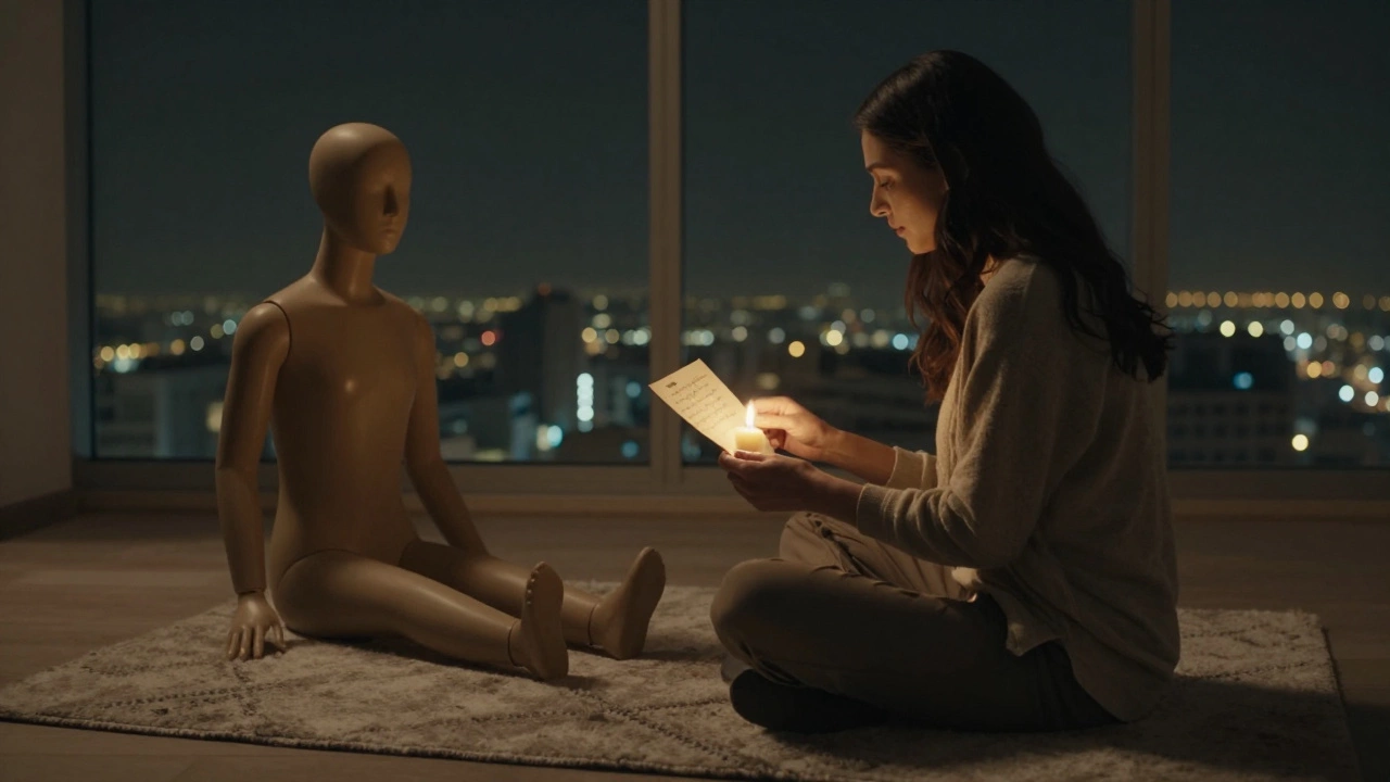 A woman holds a handwritten letter by candlelight in a quiet Dubai loft, a silicone figure nearby as a silent companion.