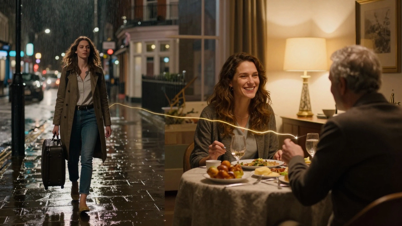 A woman walking alone in rain transitions to her smiling at dinner, connected by a golden thread symbolizing resilience and connection.