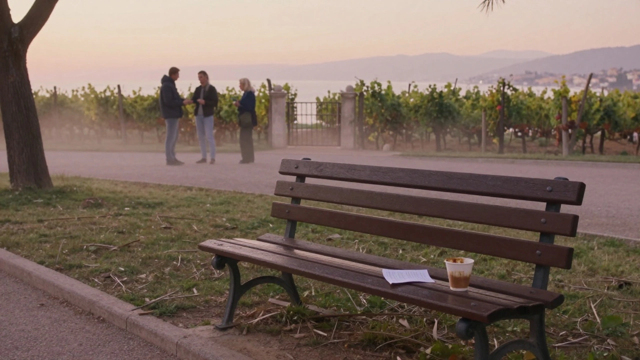An empty park bench at sunrise in Ajaccio with a coffee cup and folded note beside it.