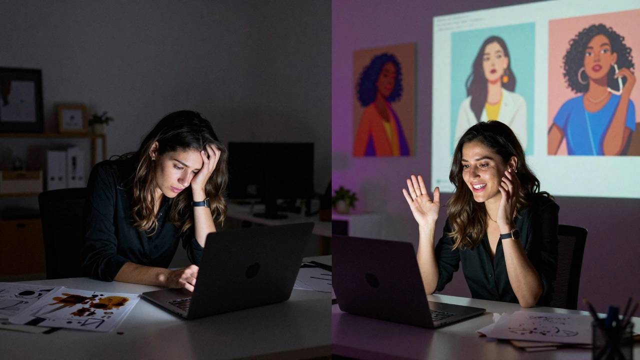 Split image: a tired designer in Manchester transforms into a confident speaker in a Dubai studio, surrounded by her art.