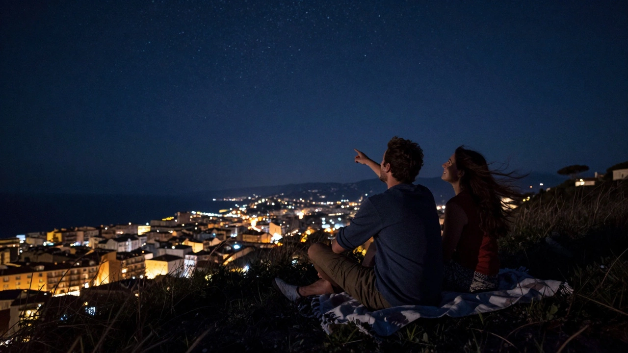 Two figures sit under a starlit sky on a cliff overlooking Ajaccio, sharing a silent, intimate night.