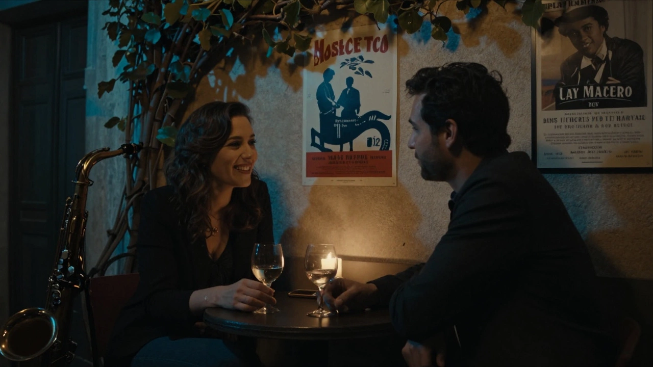 Two people share a quiet moment in a hidden Ajaccio jazz bar, lit by candlelight and warm ambiance.