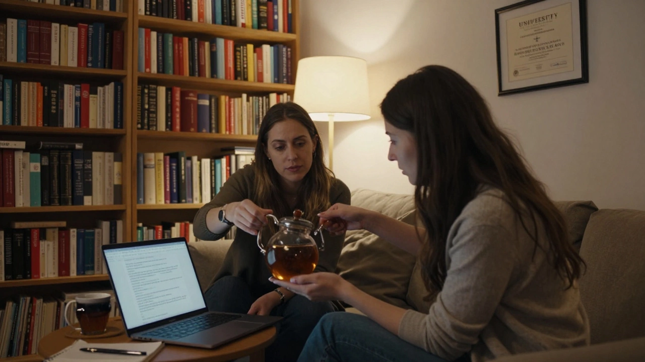 Two women in a book-filled apartment, one pouring tea as the other reviews encrypted messages on a laptop.
